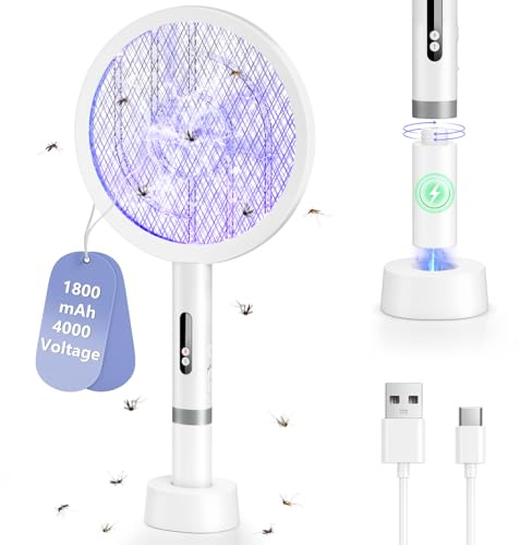 BKXCHA 2 in1 Raqueta Mosquitos Electrica, 4000V Raqueta Matamoscas Electrica Fuerte, 1800mAh USB-C Recargable Raqueta Antimosquitos Portátil y Lámpara UV con Malla Segura de 3 Capas, Dos Modos, Blanco