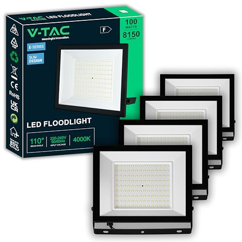 V-TAC 4x Fari LED da Esterno 100W - [ E-Series - Alte Perfomance, Bassi Consumi ] - Super Slim Design - 8150 Lumen - IP65 - Proiettore per Casa, Garage, Magazzino - Impermeabile - Luce Naturale 4000K