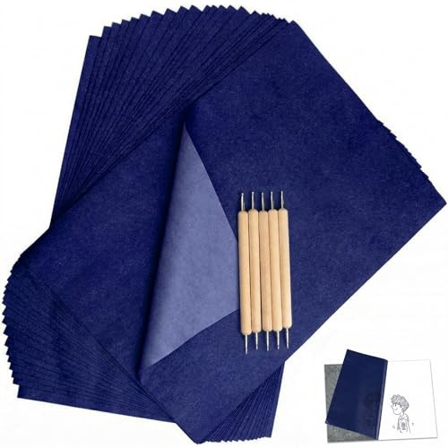 Katyjun Pauspapier A4 Set - Reißfest und Wischfest für präzises Arbeiten - Kohlepapier für Leder Holz und Leinwand - Transferpapier 100 Blatt in Blau mit 5 Prägestiften
