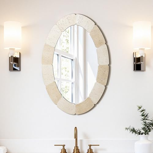 Hometopia Ovaler Spiegel für Bad 80x50 cm Dekorative Wandspiegel | Organischer Travertin-Stil Badspiegel mit Polyresin Rahmen, Boho Dekospiegel für Badezimmer Flur Schlafzimmer und Wohnzimmer