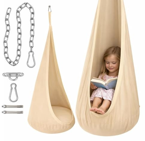 Clever Leon Hängesessel Kinder Set - Hängeschaukel aus Baumwolle mit Einer Kette - Schwingkette zur Höhenverstellung - Kinderschaukel für Entspannung - Belastbar bis 60 kg - Beige