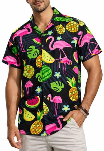 King Kameha Chemise hawaïenne Homme Manches Courtes avec imprimé Flamants Roses et Melons