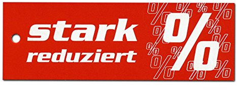 500 Hängeetiketten 85x30 mm rot | Aufdruck: stark reduziert% | Kartonetiketten einzeln geschnitten | Preisschilder | HUTNER