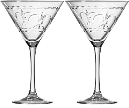 Rolf Glass Fleur De Lis Martini Glass 10 Ounce - Set of 2 Stemmed Martini Glasses - Lead-Free Glass - Diamond-Wheel Engraved Cocktail Glasses - Made in the USA