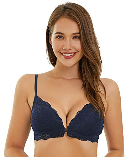 SHEKINI BH Damen Bralette Tiefer Ausschnitt Abnehmbare Gepolsterung Spitzen Bustier Vorderverschluss Bequemer Bügelloser Bralette Top Sexy Unterwäsche Dessous in Blau, Größe L