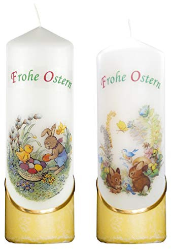 AUSWAHL * 2 Stück Osterkerze Stumpenkerze Osterdeko * 6 x 18 cm * mit farbigen Wachs- und Bildauflagen * AUSWAHL Motiv + Farbe * gelb * (Serie 2 - Set 07/15)