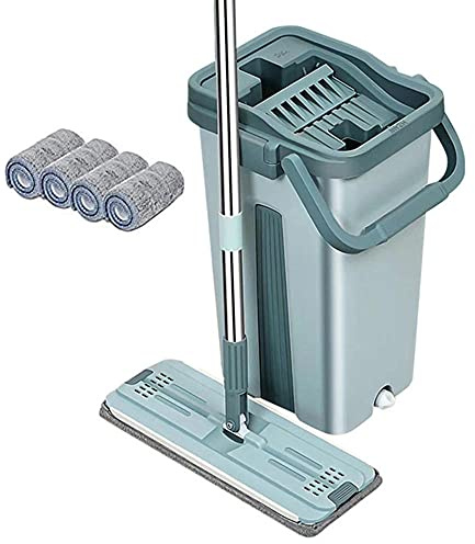 Kit Balai Serpillère Seau Essoreur Balai Auto Séchant Microfibre Plat avec Manche en Inox, Seau Double Compartiment Humide et à Sec 2 Serpillères Réutilisables Fournies Tous Types de Sols