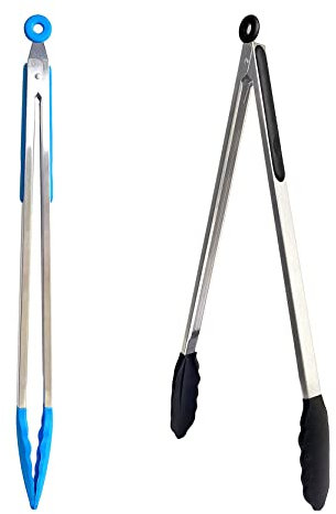 UPTALY 45 cm extra lange Grillzange (1 schwarz, 1 blau), mit Silikonkopf, Grillzange aus Edelstahl mit langem Griff, große Grillzange, verlängerte Zange für antihaftbeschichtetes Kochgeschirr