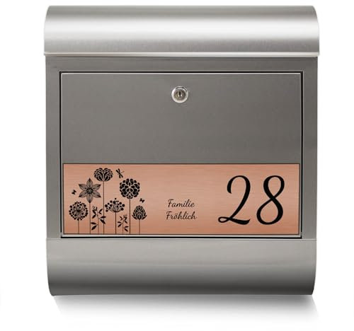 banjado Edelstahl Briefkasten personalisiert mit Namensschild in Kupfer - Wandbriefkasten aus Edelstahl - Postkasten mit Hausnummer, Namen & Motiv Kräuterwiese - Briefkasten mit Zeitungsfach