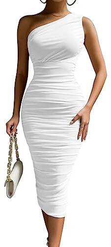 LAGSHIAN Women's Sexy Bodycon One Shoulder Sleeveless Ruched Midi Club Party Dress White