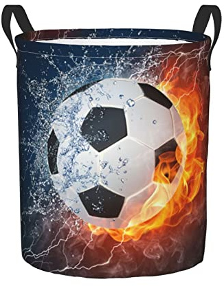 Dujiea Soccer Ball In Fire And Water Laundry Basket Round With Handle, Collapsible Foldable Canvas Storage Bin Dirty Clothes Bag For Laundry/Toys Organizer/College Dorm/Nursery/Decor(2 Sizes)
