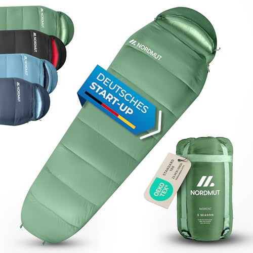 NORDMUT® Schlafsack Erwachsene – kleines Packmaß & Ultraleicht (900/1500g) – 3-Jahreszeiten (250 GSM) & Sommerschlafsack (100 GSM) – Mumienschlafsack für Camping, Outdoor & Festivals