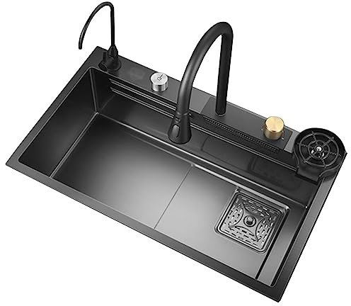 Küchen Einzelbecken Aus Edelstahlspüle Überhängendes Wasserfall-Waschbecken Küche, Spülbecken Robustes Einbauwaschbecken Küchenspülen (Color : Black Steel, S : 75 * 45 * 22cm)