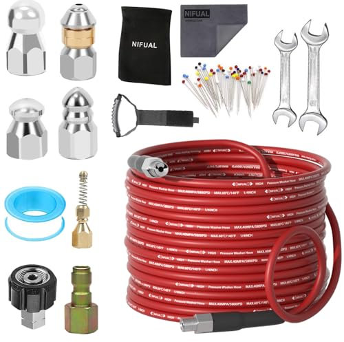 NIFUAL Abwasserdüsen-Set für Hochdruckreiniger, 4,5 m, 5800 PSI Druckabflussreiniger, 0,6 cm NPT-Eckdreh- und Knopfschlauch, Kanaldüse, Düse für Hausbesitzer und Heimwerker (4,5 m)