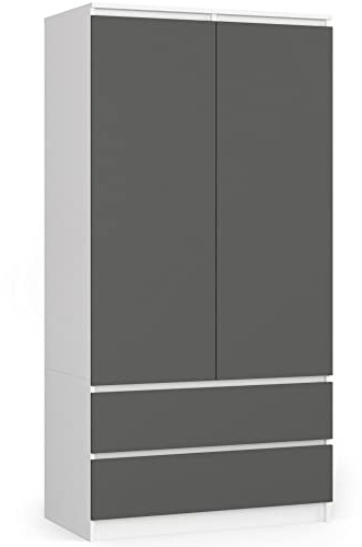AKORD Zweitüriger Kleiderschrank S 90 cm 2 Schubladen mit Regalen und Einer Kleiderstange für EIN Schlafzimmer Kleiderschränke Minimalistischer Stil | Laminierte Platte 16 mm | Farbe Weiß/Graphitgrau