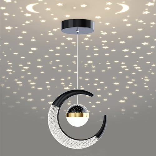Mengjay LED Pendelleuchte,Moderne Kreative Hängelampe mit Mond- und Sternprojektion Kinderlampe,Deckenleuchte LED-Lampe Pendellampe für Wohnzimmer, Esszimmer, Schlafzimmer (Schwarz, Warmes Licht)