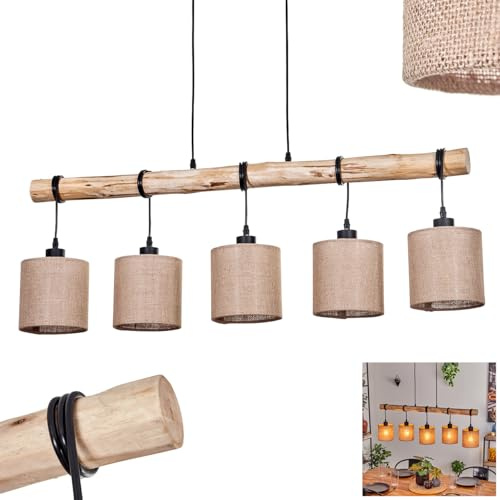 HOFSTEIN Pendelleuchte Soungou, moderne Hängelampe aus Holz/Metall/Leinen in Natur/Schwarz/Beige, 5-flammige Hängeleuchte im skandinavischen Design, Höhe max. 143 cm, E27, Wohnzimmer, Esszimmer, Küche