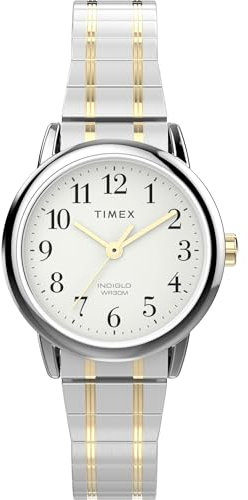 Timex Women's Easy Reader 25mm Watch, Two-Tone Stainless Steel Expansion Band White Dial Silver-Tone Case