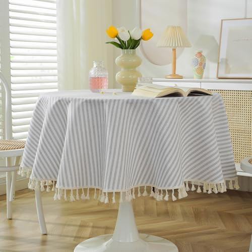 meioro Gestreifte Tischdecke Rechteckige Tischtuch mit Quasten, Abwaschbare Tischdecken Dekorative Tischwäsche für Küche, Esszimmer und Tabletop (Grau/Weiße Streifen,Durchmesser 120cm) | Grau/Weiße Streifen Abwaschbare Tischdecken, Dekorative Tischwäsche mit Quasten, Esszimmer Tabletop Boho Küche Table Cloth