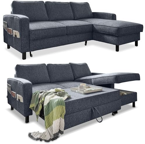 MIUFORM Molly S mit Bettkasten | limitierter Polsterstoff | 4 Sitzer Ecksofa | L-Form rechts | 228 x 148 x 88cm Couch | Klappsofa mit Schlaffunktion | Schlafsofa klappbar (Dunkelblau)
