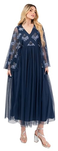 Maya Deluxe dam Midaxi dam V-hals lång bred ängelärmar paljett embellished Empire A-line tyll kväll bal klänning, Fransk marinblå, 48 SE