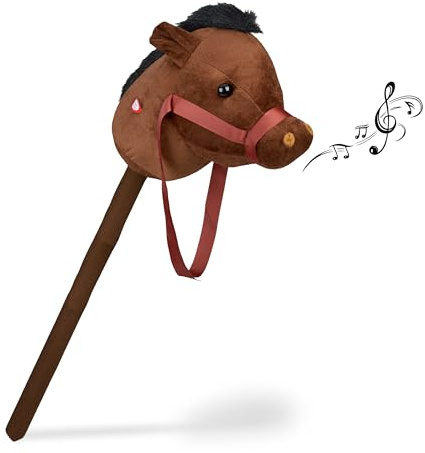 Relaxdays Steckenpferd mit Sound, Kinder, Plüsch & Kunststoff, Höhe 68 cm, niedliches Stockpferd, Stabpferd, dunkelbraun