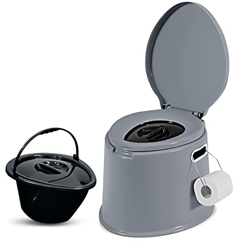 Crystals 6L Large Lightweight Portable Camping Toilet Seat with Washable Bucket, Roll Holder – Compact Portable Toilet for Travel, Festivals & Fishing (Grey Toilet Seat)