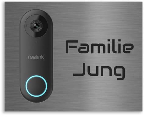 Jung Edelstahl Design Modernes V2A Edelstahl Türschild für Reolink Smarte Video Türklingel - Klingelschild 20x16 cm Haustürschild mit Namen individuell personalisierbar (Edelstahl)