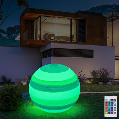 Eurotondisplay LED Gartenleuchte Außenlampe Kugellampe mit Stromkabel 3 M Leuchtkugel 60cm Farbwechsel Fernbedienung RGB Dimmbar Fassung E27 inkl Leuchtmittel IP55 (Uranus-50)