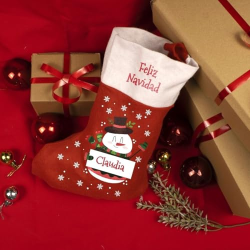 Calcetín de Navidad Personalizado para Colgar Chimenea. Medias de Navidad Personalizadas para Regalos. Decoración navideña Original con Nombre. Calcetines Papá Noel. Rojo. (Muñeco de Nieve)