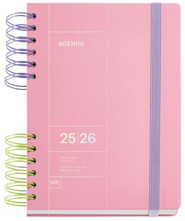 Miquelrius - Skolkalender 2025 2026, september till augusti, storlek 160,5 x 218 mm, veckovisning, dubbel tvåfärgad spiral, hårt skal, gummiförslutning, katalansk-engelsk-portugisisk