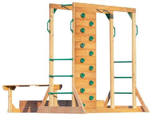 DOLPHIN PLAYGROUND T Klettergerüst Outdoor aus Holz mit Affenschaukel, Kletterwand, Sandkasten & Picknicktisch – Robustes Outdoor-Spielgerät aus Zedernholz für Kinder ab 2 Jahren