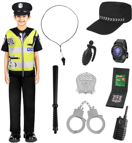 Aomig Polizei Kostüm Kinder 11 Stück Polizeikostüm Set mit Polizei-Hut | Gürtel Handschellen Polizeizubehör Deluxe Polizistenkostüm für Jungen Kostüm Kind Verkleidung für Halloween Festival Cosplay