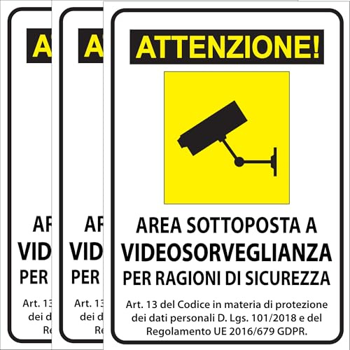 StampaGenerale® – Set 3 Adesivi Area Sottoposta a Videosorveglianza – Conforme GDPR – PVC Impermeabile – Formato A6 (14,8x10,5 Cm) Per Interno ed Esterno – Facile Applicazione