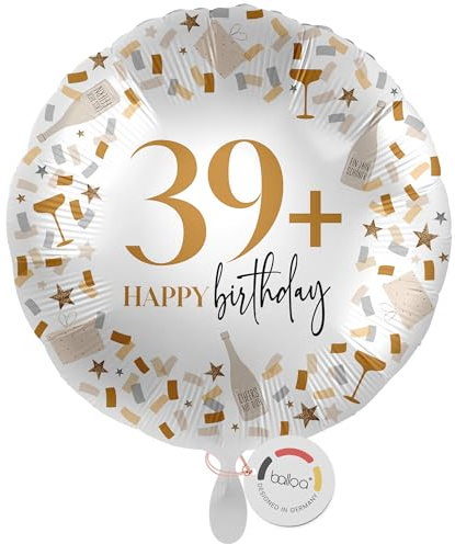 balloa Folienballon 39+, runder Helium Ballon mit Zahl und Humor, Geschenk für Erwachsene, Deko für lustige Geburtstagsfeier, Folienballon befüllbar mit Luft oder Helium, Partydeko Geburtstag, 33cm
