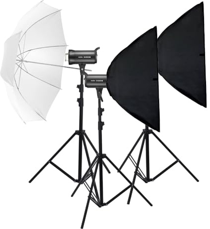 GODOX SK300II-V Studio Flash Three Head Lighting Kit - 300Ws, 10W Modelling Lamp, 5600 ± 200K, Bowens S-Type Fitting, 60x90cm Softbox, 35cm Depth, 40 (101cm) Umbrella, 79-240cm Stand Height