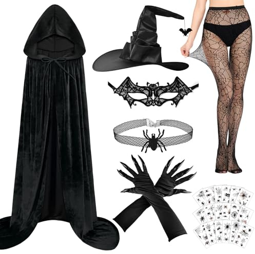 GEEKEO Sorciere Deguisement Femme Halloween Adulte avec Cape Noire à Capuchon, Chapeau Sorciere, Bas Résille, Holloween Tatouage, Gants à Longues Griffes, Costume Adulte Femme Sexy pour Carnaval