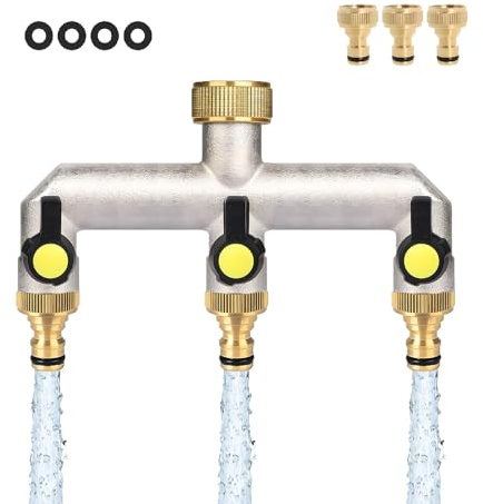3-Wege Wasserhahn Wasserverteiler, Verteiler Wasser 3/4 Zoll Messing Wasseranschluss Verteiler mit 2 Stück 3/4 Zoll auf 1/2 Zoll Hahnanschluss für Haus, Hof, Waschmaschine, Gartenschläuche