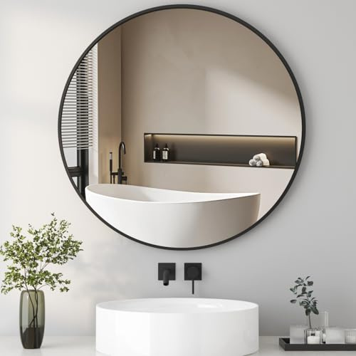 Hopibath Wandspiegel Schwarz Runder Spiegel, Ø 100cm, Runder Spiegel mit Schwarz Metallrahmen Badspiegel für Badezimmer, Waschtisch, Wohnzimmer, Schlafzimmer, Eingang Wanddekoration
