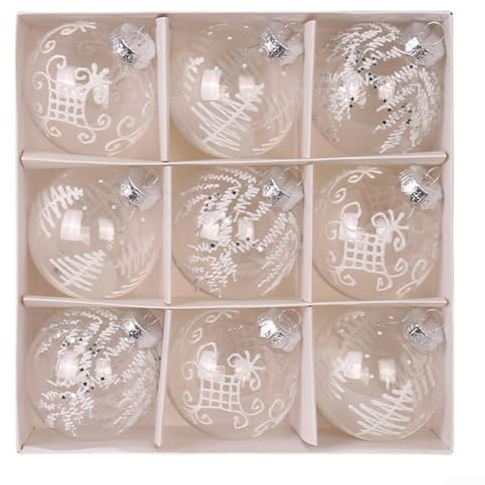 Eawfgtuw Elegantes 9-teiliges transparentes Weihnachtskugel-Set, 8 cm, weiß, rot, grün, bemalte Ornamente für Zuhause, Büro, Baumdekoration, transparente Weihnachtskugeln (weiß)