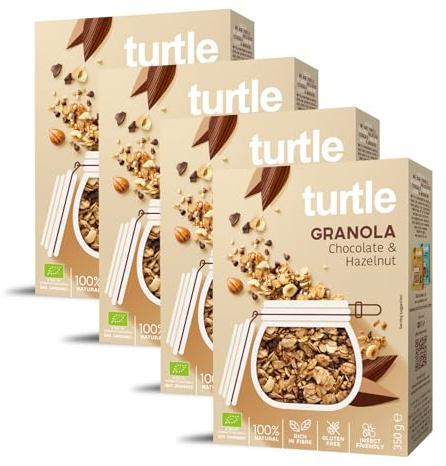 Turtle Cereal – Gluten Free Granola, Chocolate & Hazelnut 350g (Pack of 4) | Organic Vegan Gluten Free Cereal & Granola, Hand-Baked, Source of Protein & Fibre, No Refined Sugar