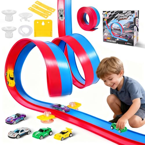 4.6M Flexible Race Car Track Includes 4 Alloy Cars, Kids Boys Gifts Toys for 3 4 5 6 7 8 Year Old Boys Diecast 1/64th Cars Ramp Track Toy Car Monster Truck Roll Up Racing Track for Outdoor & Indoor