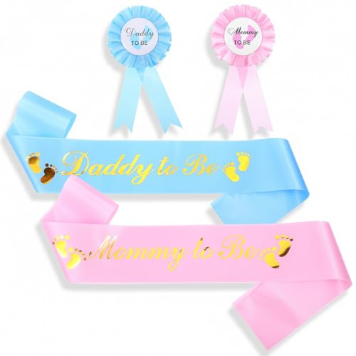 LIQWEI 2 stycken babyshower skärp, 2 stycken babyshower tennplåt brickor, blivande föräldrar axelrem baby välkomstfest dekoration märke för babyshower party firande