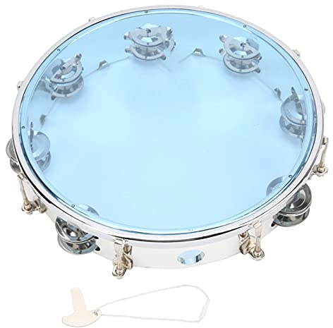 Hand-Tamburin, 10 Zoll Percussion-Schellen-Instrument, verstellbares zweireihiges Metall-Schellen-Musikinstrument, zweireihiges handgekurbeltes Tamburin für Partys (Blau)