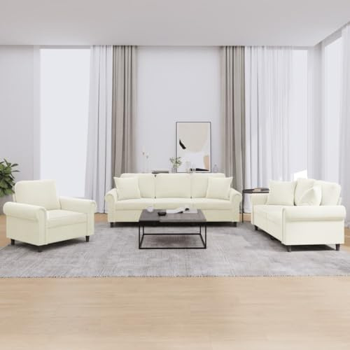 GeenYuu 3-TLG. Samt Sofagarnitur, Creme, mit Kissen, Metallgestell, für Wohnzimmer, Schlafzimmer, bequemes Sitzerlebnis, 1 Sessel, 1 Zweisitzer, 1 Dreisitzer