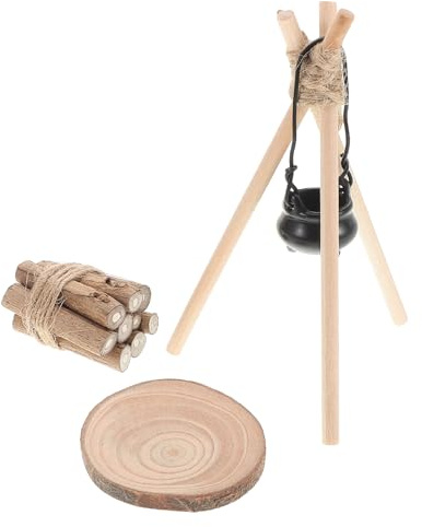 Milisten Dollhouse Miniature Firewood Model Set with Cooking Pot and Rack, Micro Scene Campfire Accessories for Doll House Supplies, Christmas Snow Scene Decoration