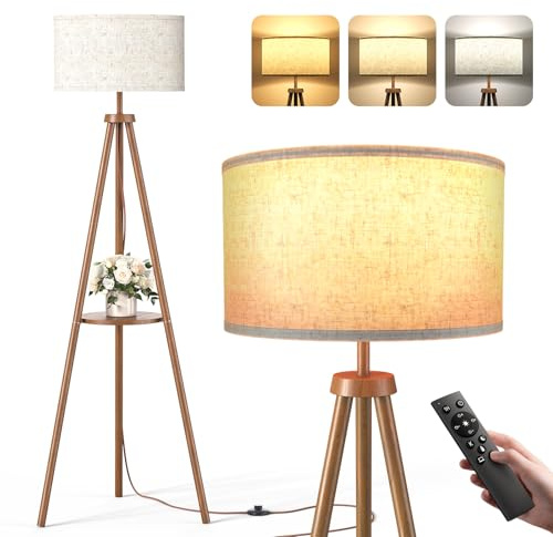 Tripod Floor Lamp with Storage Shelves - 12W Solid Wooden Standing Lamp with E27 Bulb & Remote Control, Corner Lights for Living Room, Bedroom, Dark Brown - Round Shelf