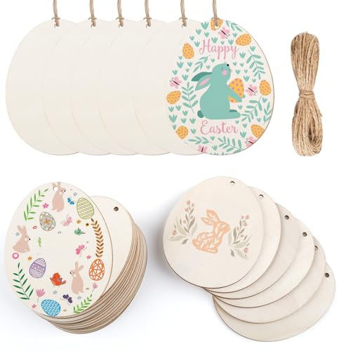 HOLDLEAF 30 piezas de huevos de Pascua de madera para pintar – Huevos de madera en blanco 9,7 x 7,7 cm con agujero y cinta de yute – Decoración DIY de Pascua para niños, primavera y proyectos de