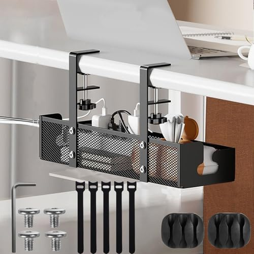 Bandeja de Gestión de Cables, Debajo del Escritorio sin Perforación, bandeja cables escritorio40x12x8cm, Bandeja de Cables con Abrazadera, Canalizaciones de Cables Debajo del Escritorio,