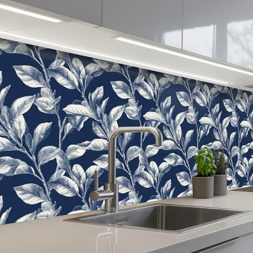 KitchenYeah© Paraschizzi Cucina Adesivo Pannello Parete Paraspruzzi Muro | 80x300 cm - Decorativo Botanico - Motivo - Blu
